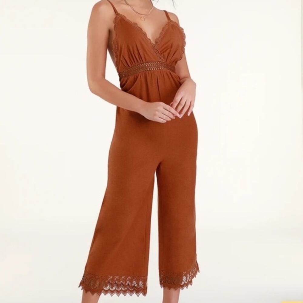 Billabong Burnt Orange Brown Lace V Neck Wide Leg Jumpsuit Medium Desert Boho